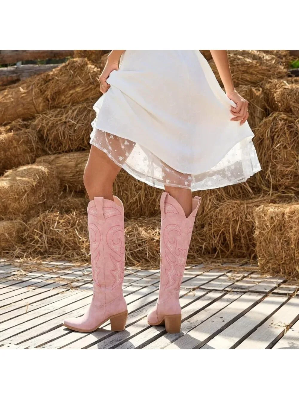 Women's Pink Western Knee High Cowgirl Boots Zipper Convenience Casual Wear